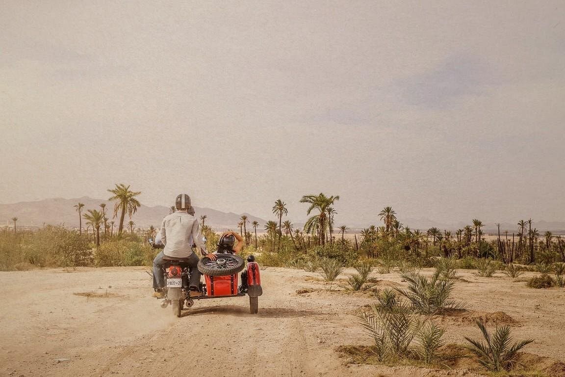 Vintage sidecar tour Marrakech – retro motorcycle ride through hidden streets and landmarks